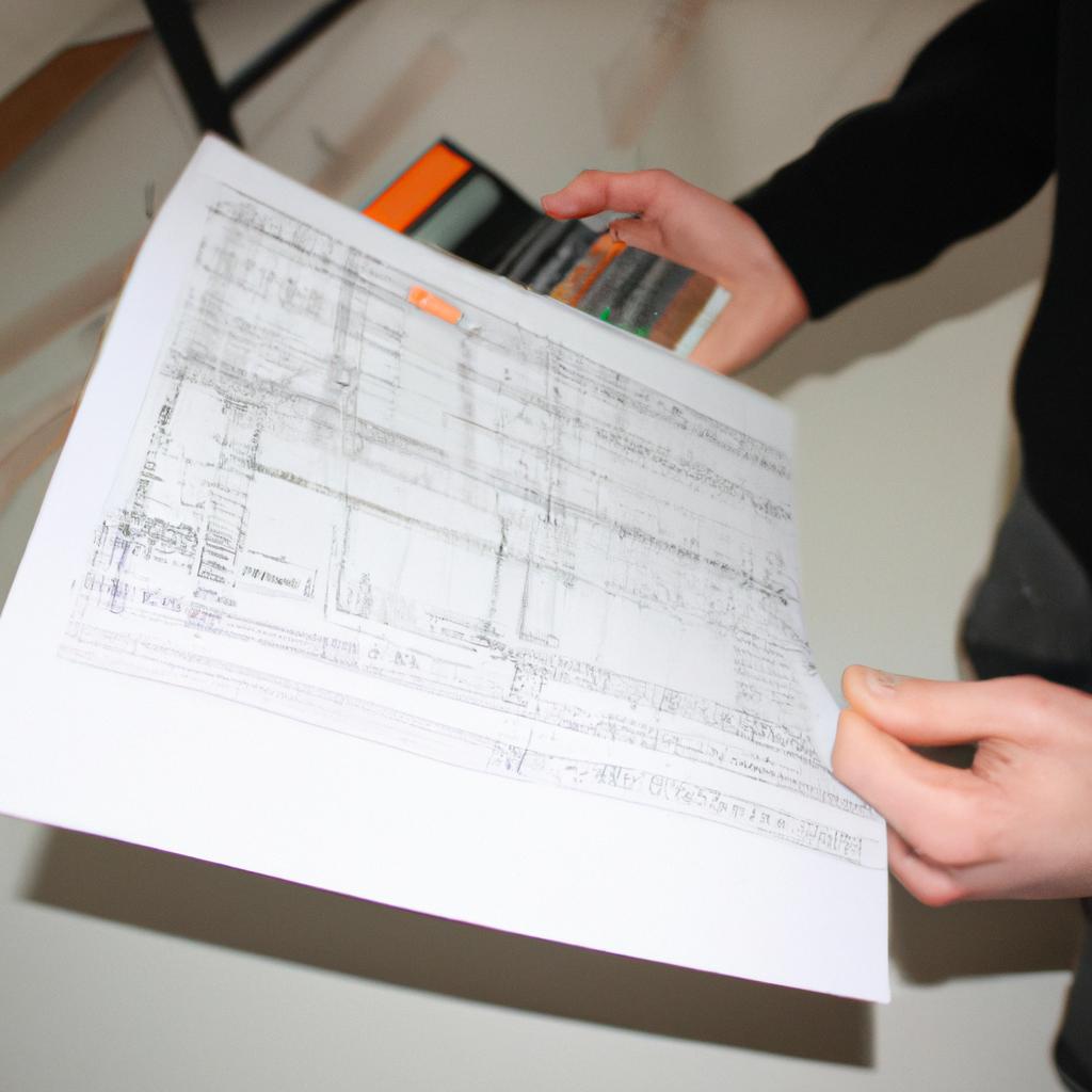 Person holding blueprints, calculating costs