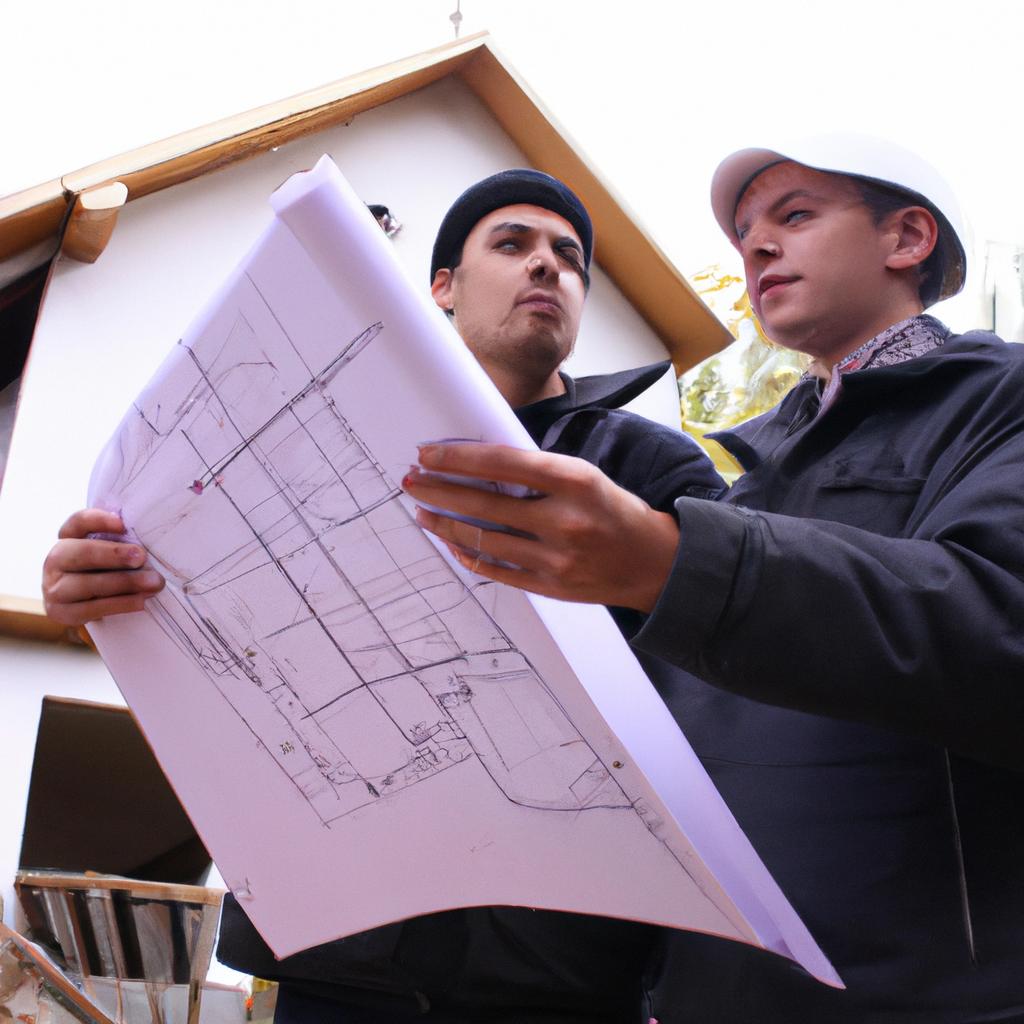 Person holding house blueprint, discussing