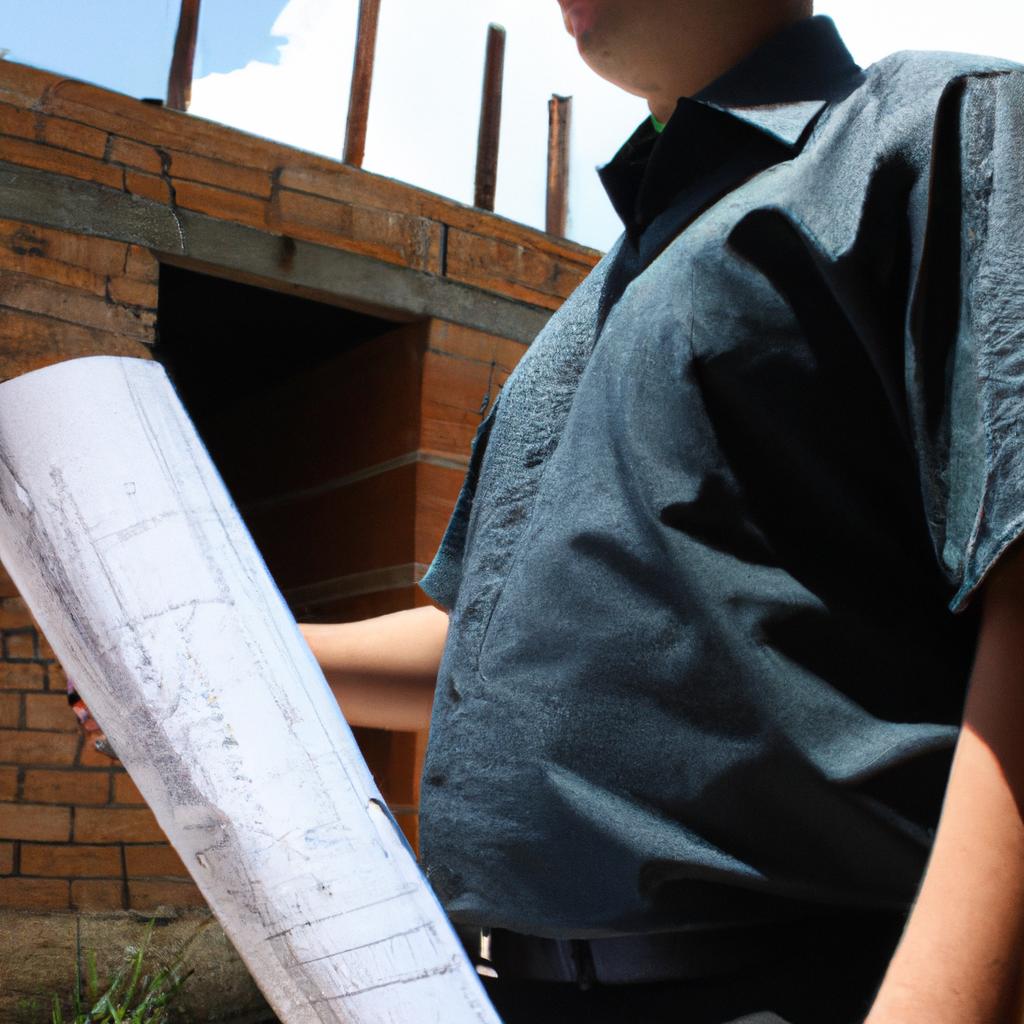 Person holding blueprints, inspecting construction
